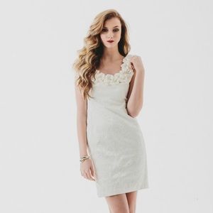 Vintage 80’s White Floral Bamboo Brocade Ruffled Dress / Ruffled Neckline